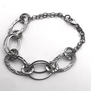 VTG Sterling Silver Brushed Woodgrain Design Circle Link Bracelet 925 Italy 7.2”